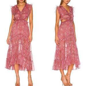 MISA Side Cut-Out Midi Dress Sleeveless Ruffled V-Neck Tiered Pink Large New